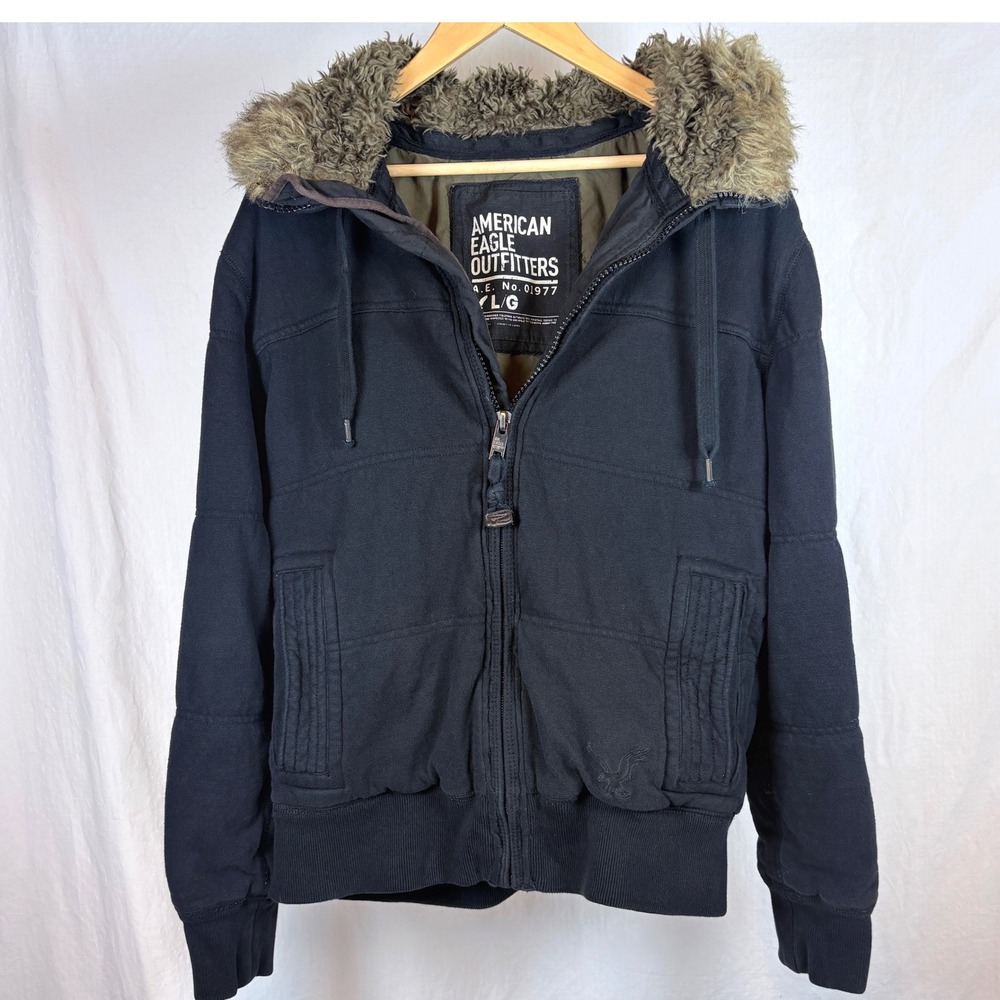 Vtg Y2K American Eagle Mens Black Faux Fur Hood Surplus Jacket 01977 Surplus L